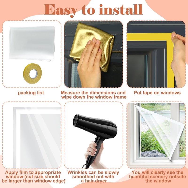 Chivertion 3 Pcs Window Insulation Kit Total 63 × 141 Inches Cuttable Transparent Film with Adhesive Straps Pof Shrink Film Window Plastic for Patio Winterizing Thicken Warm Winter Waterproof Insulation Cover - Image 3